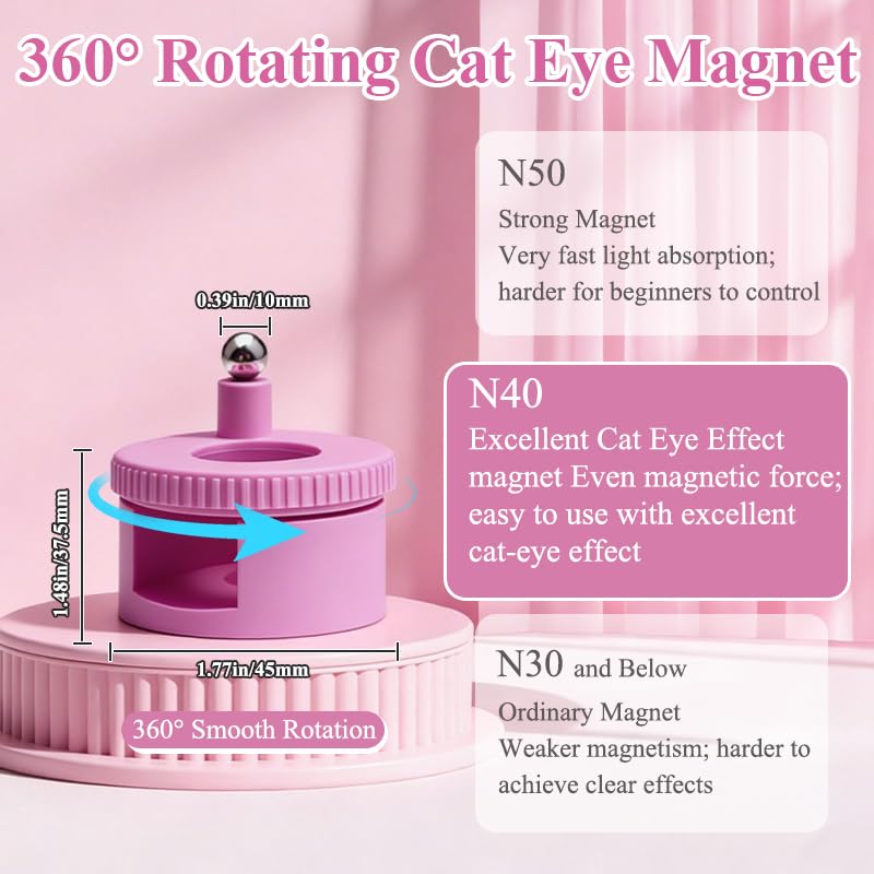 Rotating Cat Eye Magnet for Nail Polish, 360°Automatic Cat Eye Magnet Tool with Strong Magnet for Cat Eye Gel, Glass Bead Nail Magnet, Magnetic Nail Tool for DIY Nail Art & Salon Use (Pink)