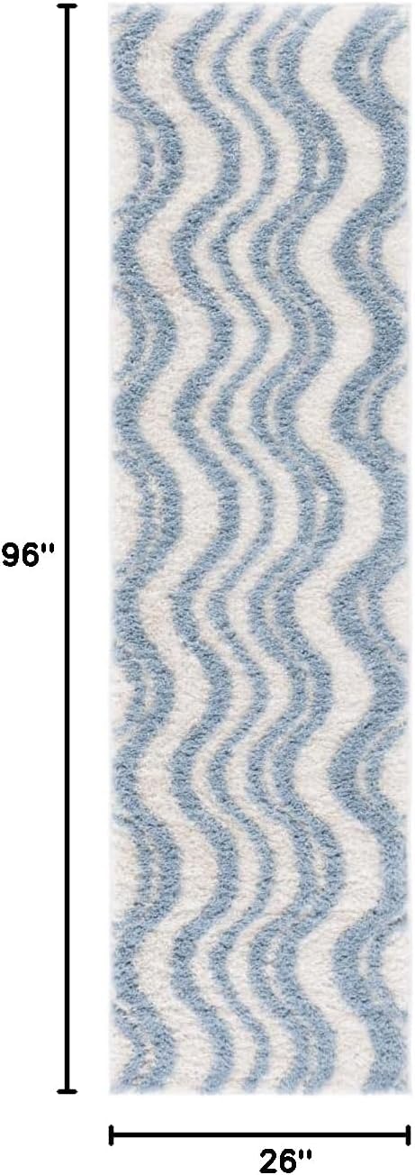 SAFAVIEH Norway Shag Collection Runner Rug - 2'2" x 8', Blue & Ivory, Wave Design, Non-Shedding & Easy Care, 1.2-inch Thick Ideal for High Traffic Areas in Living Room, Bedroom (NOR210M)