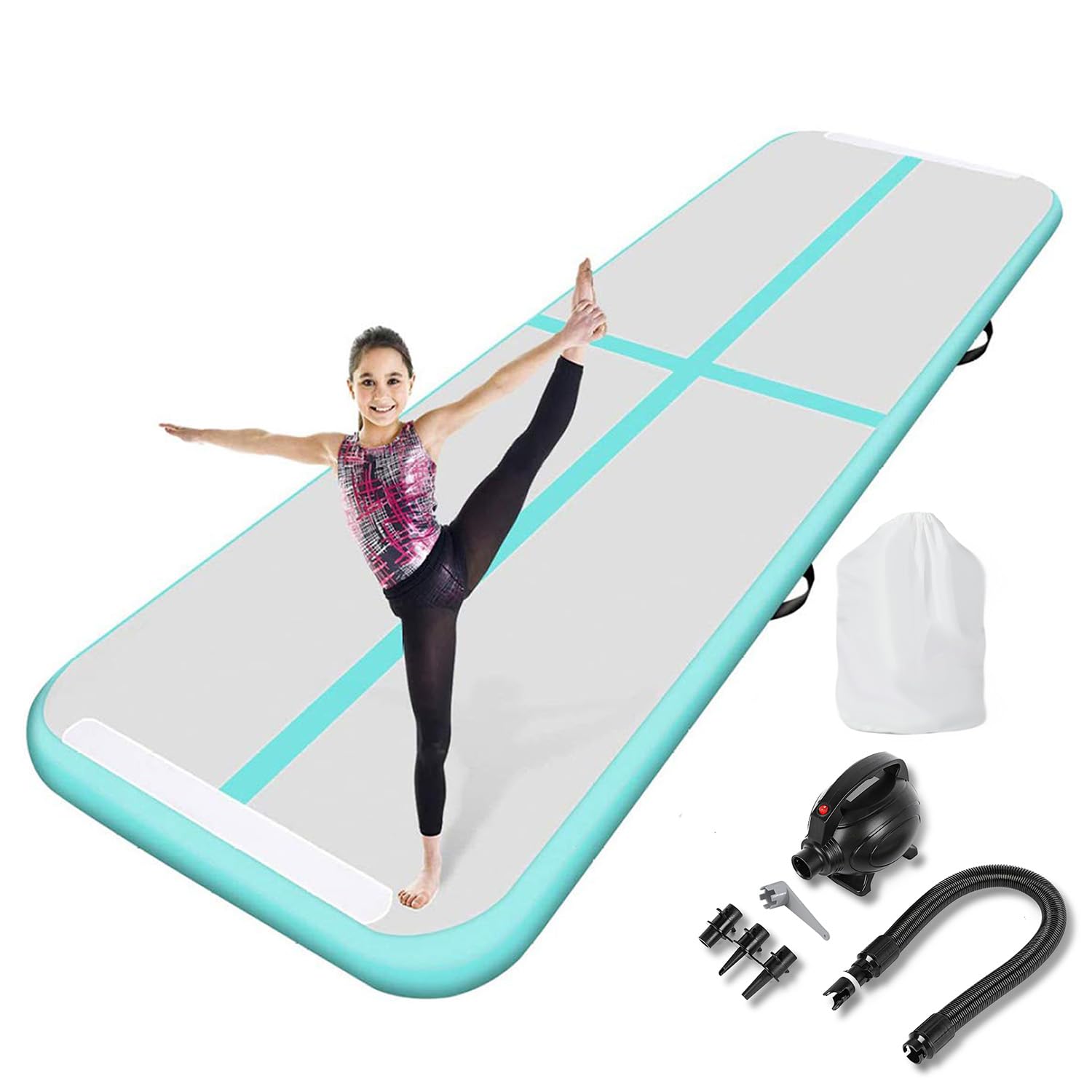 Inflatable Gymnastics Mat Tumble Track Gym Floor Mat 3M 4M 5M 6M Air Tumbling Training Track Thick 10cm with Electric Pump for Gymnastics Home Kids Tumble Training/Yoga/Water/Pilates (Green, 6m/20ft)