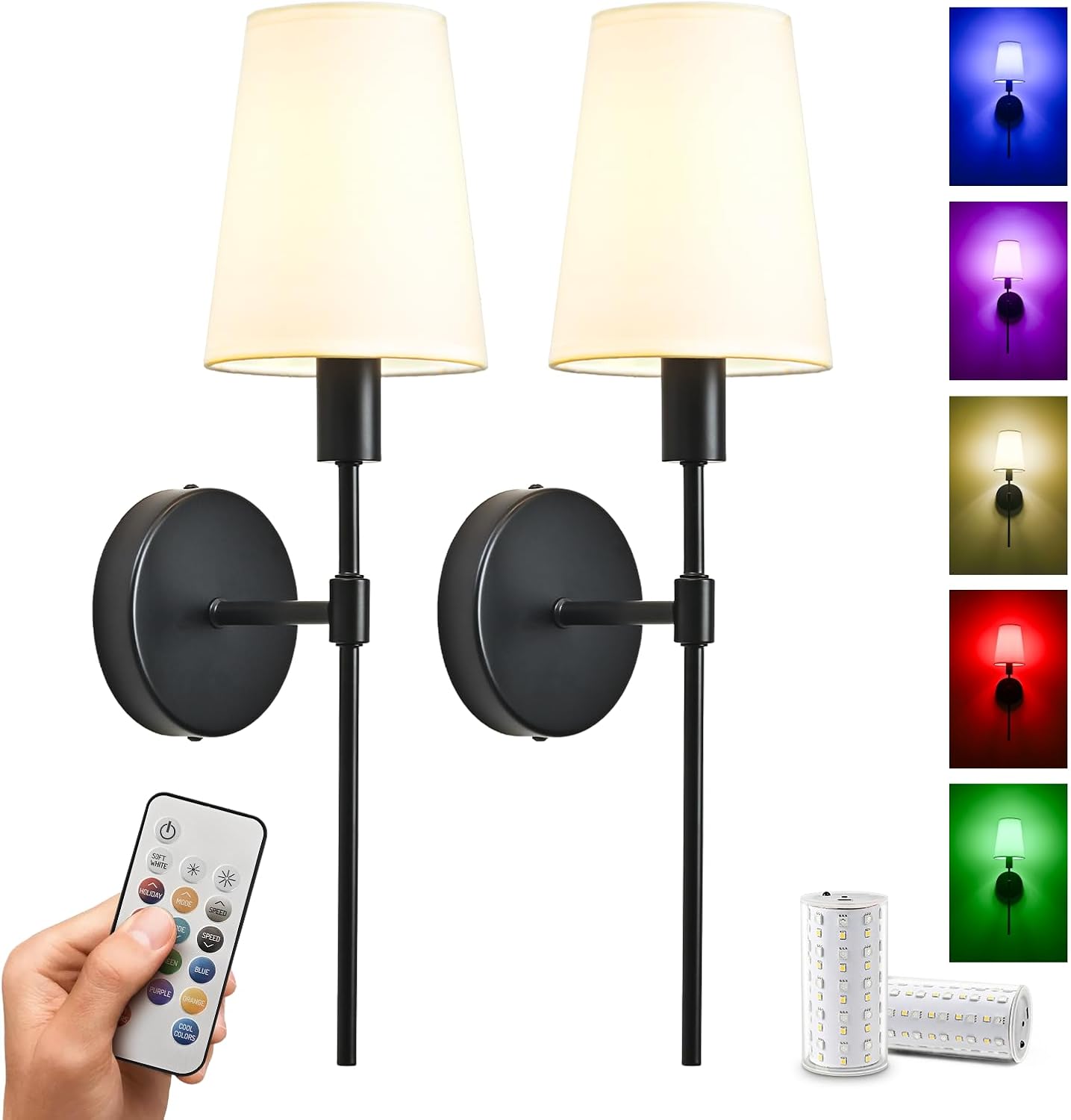 Battery Operated Wall Sconce Set of 2, Rechargeable Wall Lights with 2 * 52000mAh Magnetic Battery Bulbs, 18 RGB Colors, Dimmable Wireless Sconces for Bedroom Living Room Hallway Black