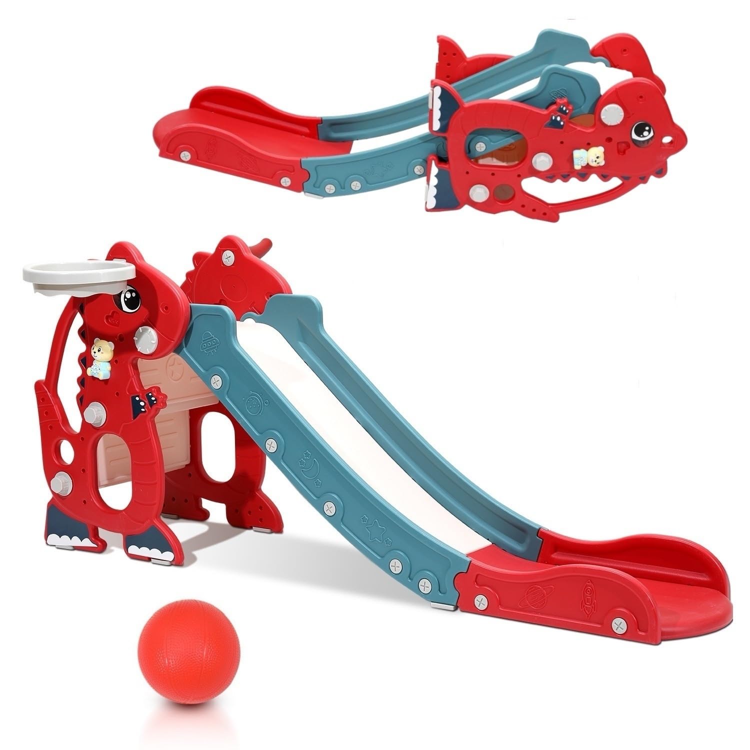 Scivolo 4 in 1 per bambini con macchina inglese Early Learning Machine, scivolo per bambini dai 2 anni in su, per interni ed esterni, colore rosso