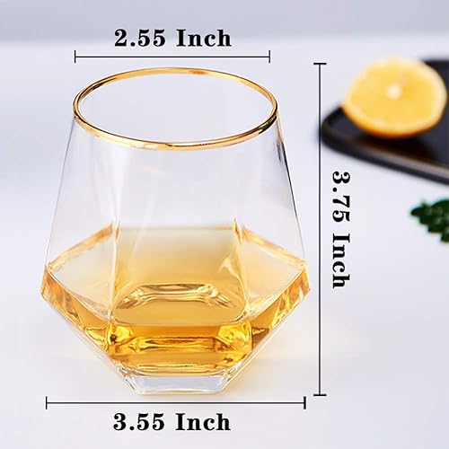 Miniatura 5 de Vasos de whisky de diamante, 4 vasos de rocas, vasos de cóctel con bandas doradas, para ron, whisky escocés o copas de vino, vasos de moda antigua,