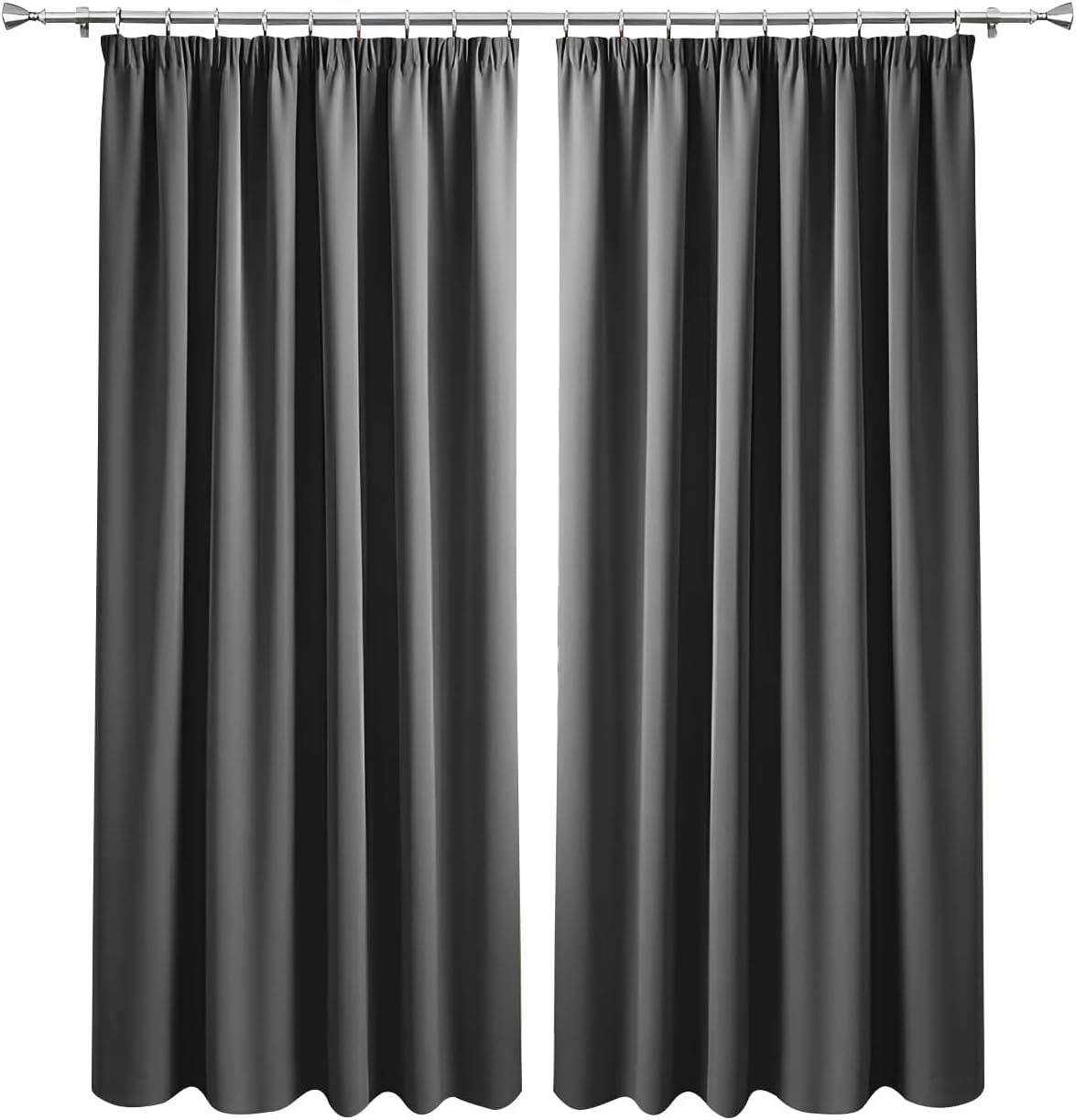 Imperial Rooms Blackout Pencil Pleat Curtains for Bedroom 66 x 84 Drop Inch Dark Grey Curtains Thermal Insulated Door Curtain, 2 Panels with Tiebacks