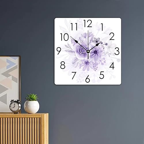 Miniatura 7 de Reloj de hora cuadrado de 15 pulgadas, funciona con pilas, silencioso, sin tictac, relojes colgantes de acuarela, rayos X, flores moradas, reloj de