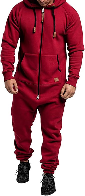 Hulpvktsgiq Mens Hooded Jumpsuit Zip Up One Piece Pajamas Fleece Playsuit Jogger Sweatsuit Overall Jogging Romper Tracksuit