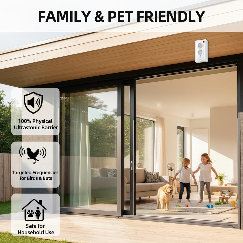 Upgraded Ultrasonic Bird Repellent Devices Outdoor & Bat Deterrent Rechargeable Woodpecker Deterrent for House Pigeon Repellent to Keep Birds Bats Out of Attic Porch Balconies Indoor,2Pack