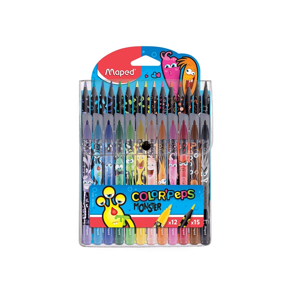 Maped Color-Peps Monster Colouring Pens & Pencils, 12 Pens + 15 Pencils
