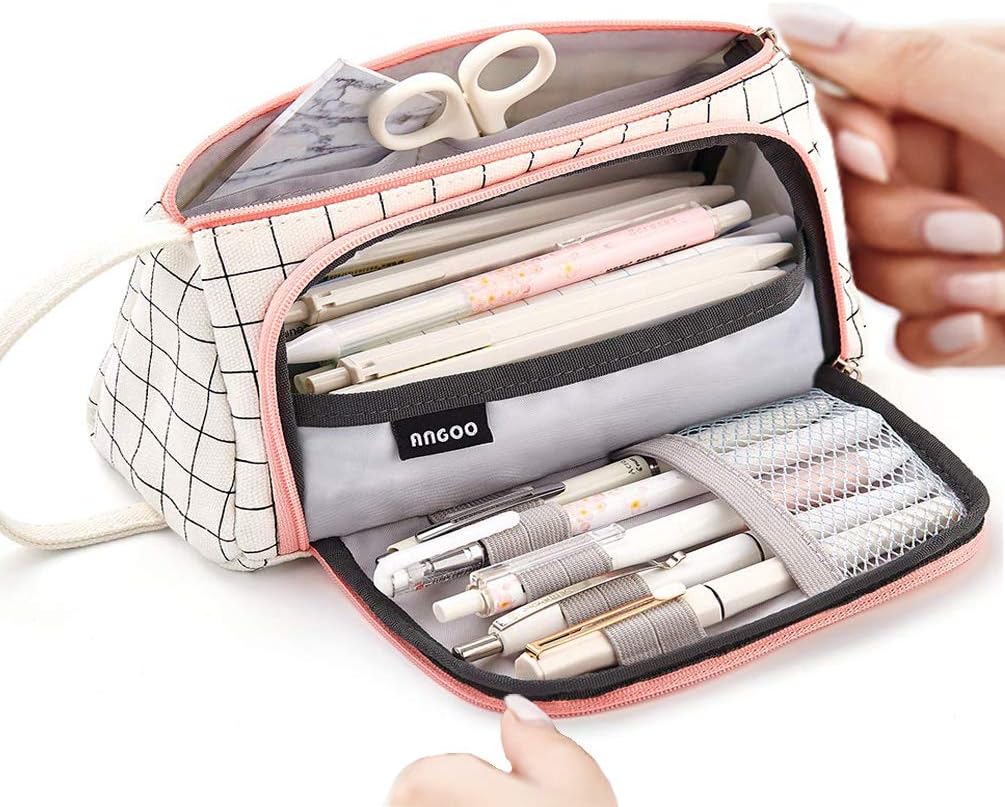 Large Capacity Pencil Case Durable School Student Pen Holder Organizer Stationery Makeup Cosmetic Pouch for Girls,20x11cm (Plaid White)