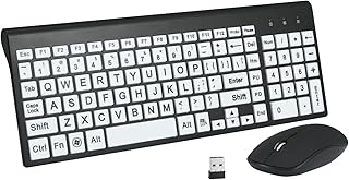 Full Size Large Print 2.4g Wireless Keyboard and Mouse with Oversized Print for Kids Visually Impaired Low Vision Individuals (Black)