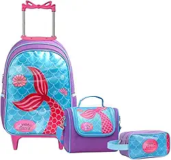 Kit Mochila de Rodinha Escolar Sereia Infantil Feminino + Lancheira Transversal + Estojo Duplo Menina