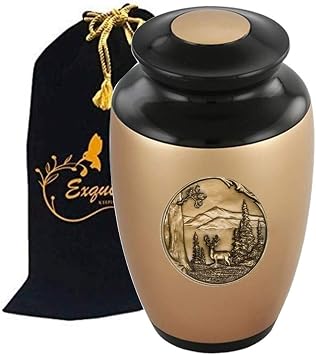 Exquisiteurns Custom Gold Applique Cremation Urn - Adult Cremation Urn - Handcrafted Funeral Urn for Ashes - Metal Cremation Urn - Great Deal Free Bag Deer