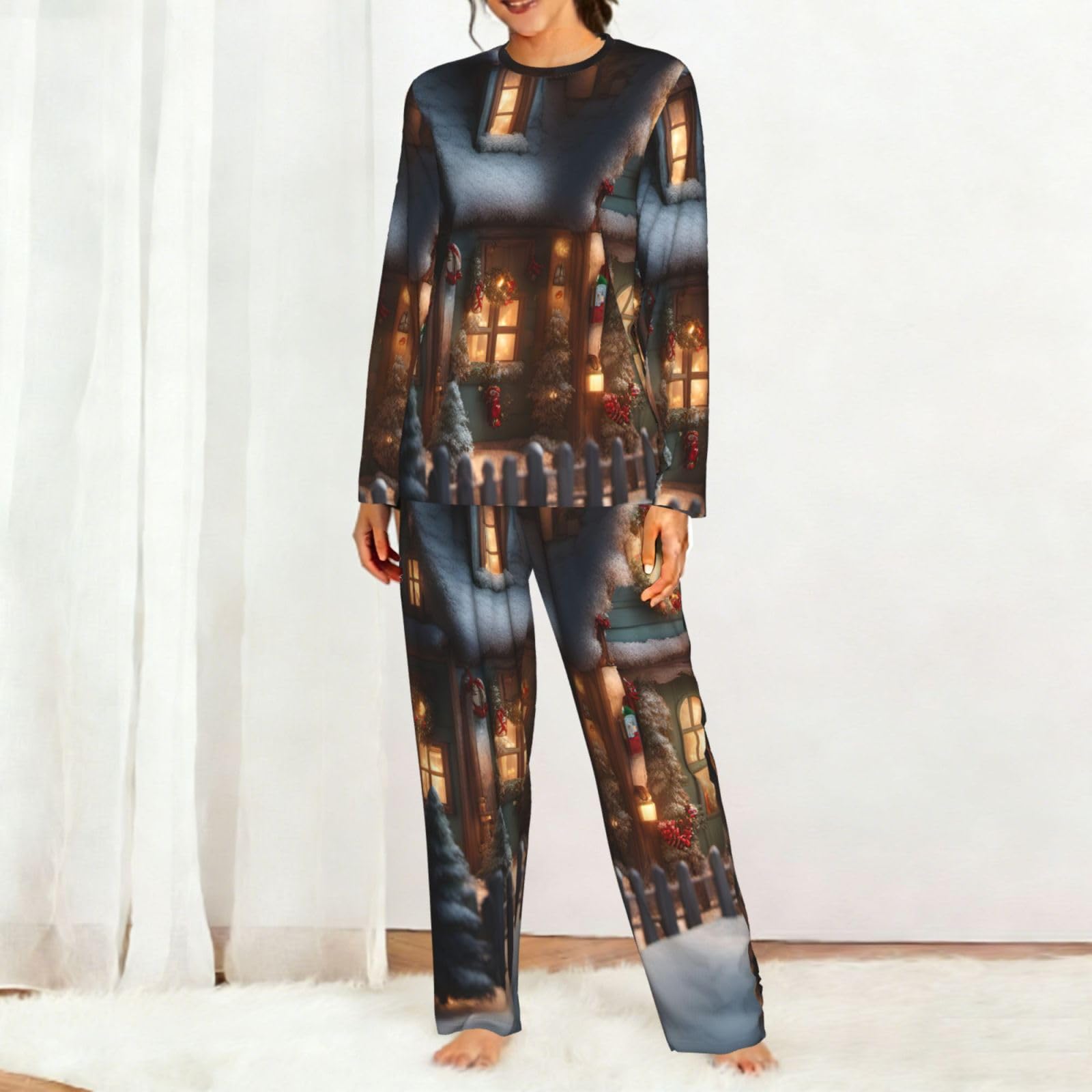 Christmas Village House 4 Stampa Donna Manica Lunga Pigiama Corrispondente Morbido Spiaggia Vacanze Nightwear Regalo Casual