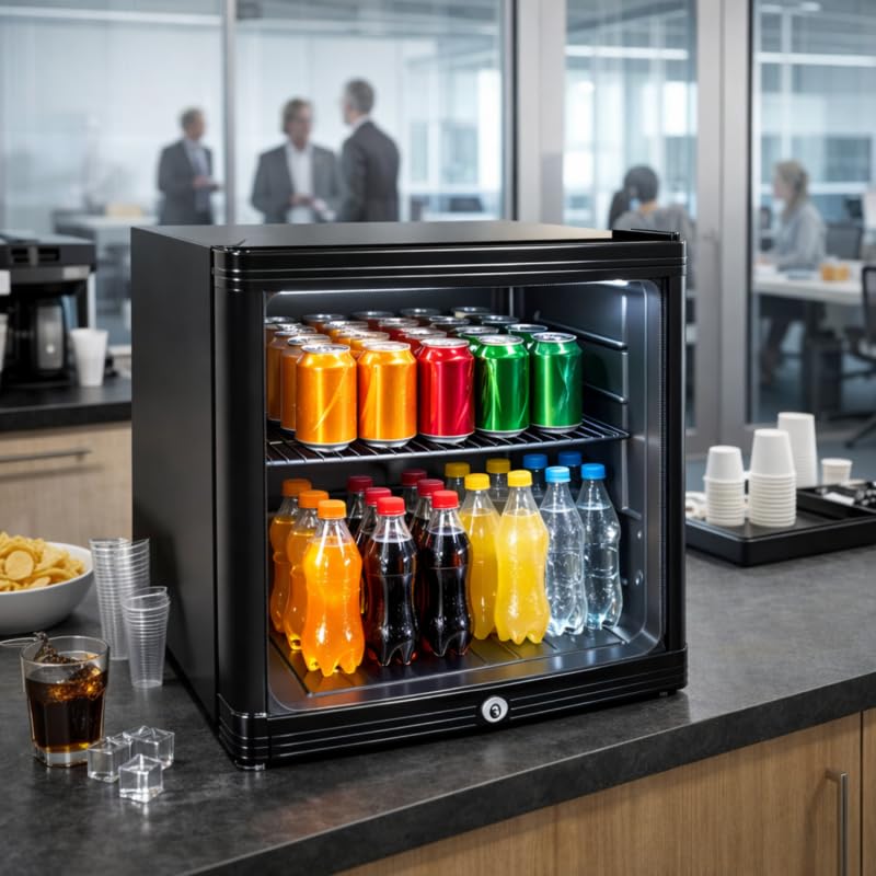 Mini armario para bebidas 52L - Refrigerador compacto positivo ventilado - Temperatura 0/+10°C - Puerta abatible con cerradura - Estante + rejilla - Iluminación LED - Gas R600a - Pies ajustables