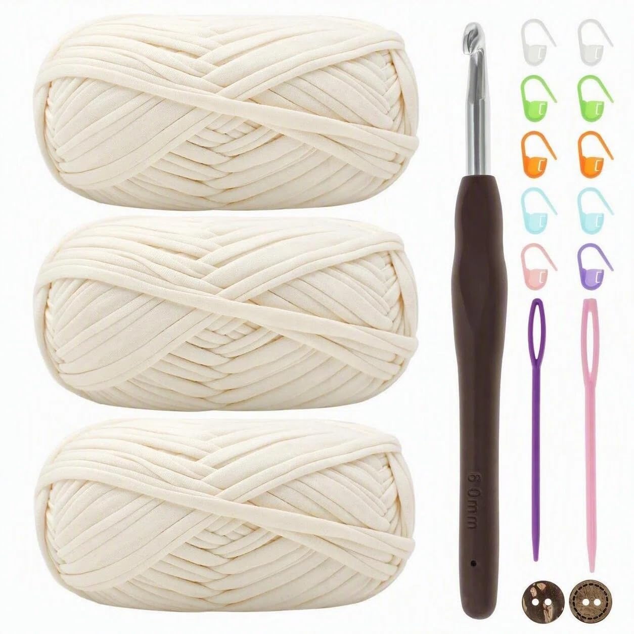 T Shirt Yarn for Crocheting Crochet Yarn 3x100g Chunky Yarn for Crochet Thick Crochet Fabric Yarn with 6mm Crochet Hook, Knitting T-Shirt Yarn for Crochet Bag,Blanket, Basket,DIY Projects