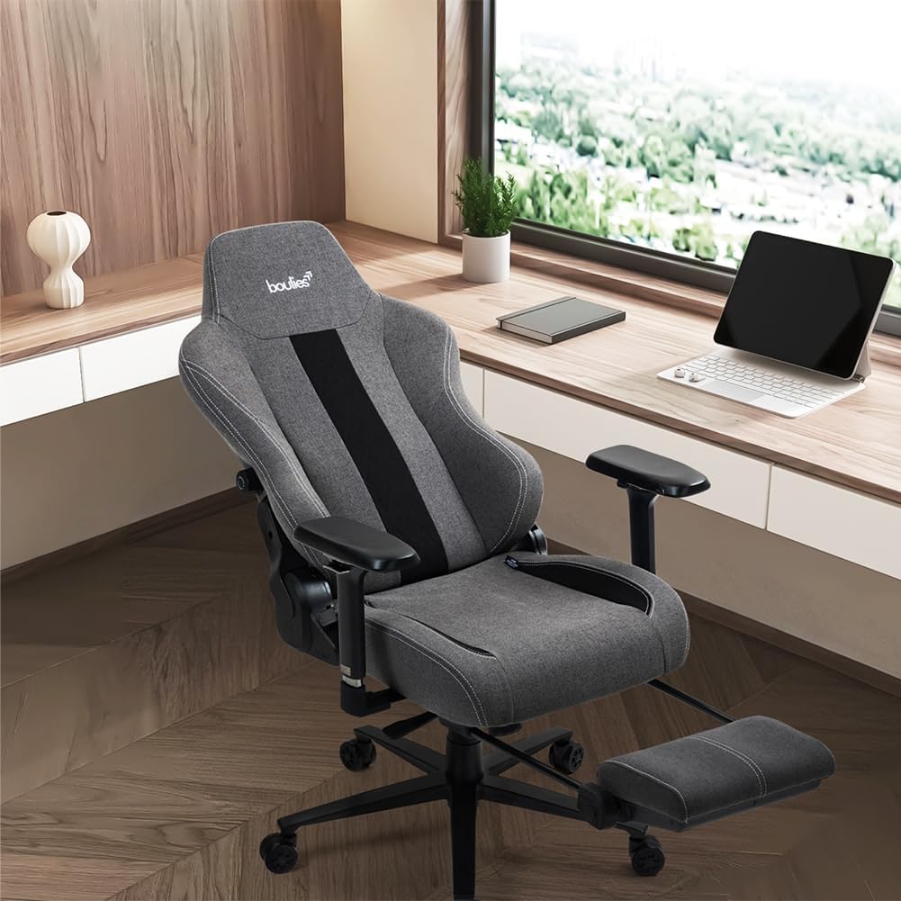 boulies Master Rex Gaming Chair, Ergonomic Computer Chair with Footrest, Reclining Office Chair with 4D Armrests, Adjustable 4-Way Lumbar Support and Headrest (Water Repellent Fabric, Charcoal Grey)