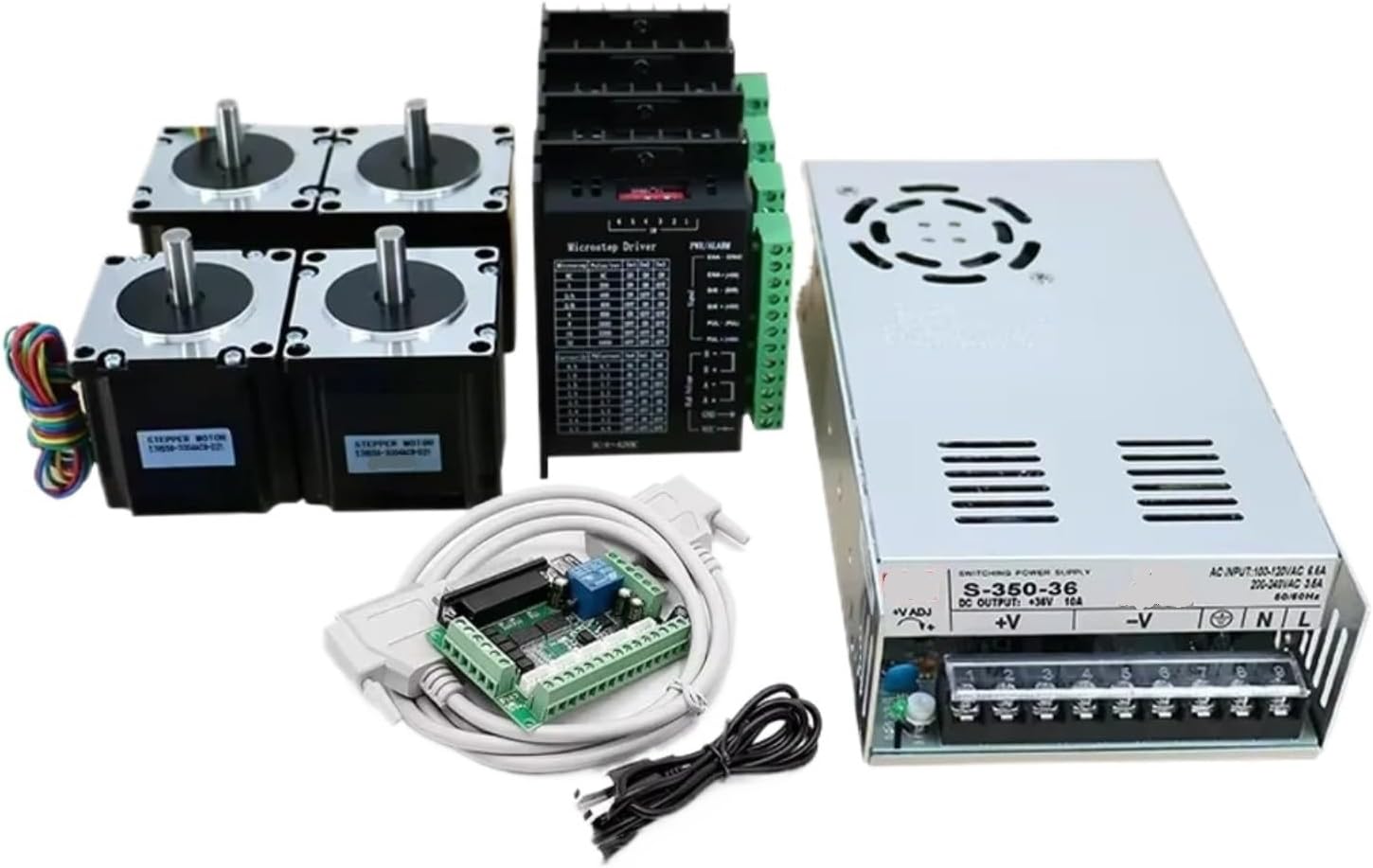 1PC 4 Axis Nema23 57HS56 1.2Nm CNC Stepper Motor Kit with TB6600 Driver+MACH3 DB25 Interface Board+350W 24V Power Supply(6.35mm)