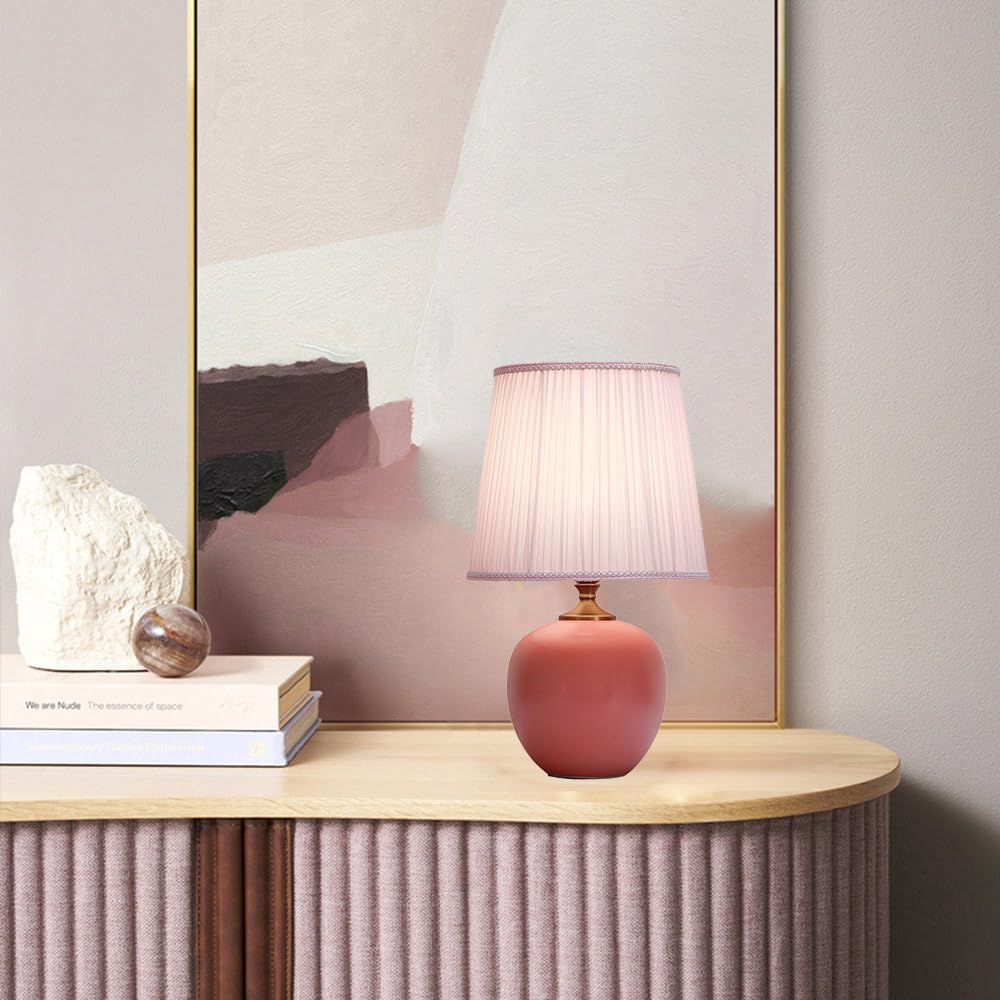 Mengjay Keramik Tischleuchte Lampe für Nachttisch Beistelltisch,Nachttischlampe aus Stoff E27 Tischleuchte Lampenschirm Tischleuchte für Wohnzimmer Schlafzimmer dekorative Beleuchtung (Rosa)