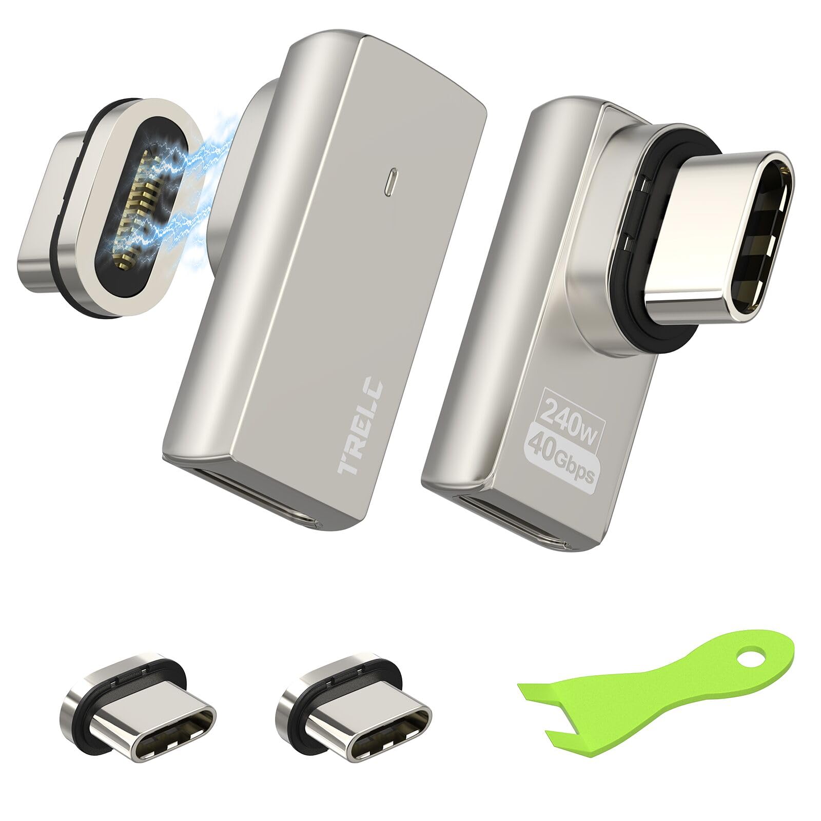 TRELC 90 Degree USB-C Magnetic Adapter 2 Pack, with 4 Connectors, 240W USB C Male to Female Connector, USB4 40Gbps 8K 60Hz, Type C Adapter for Steam
