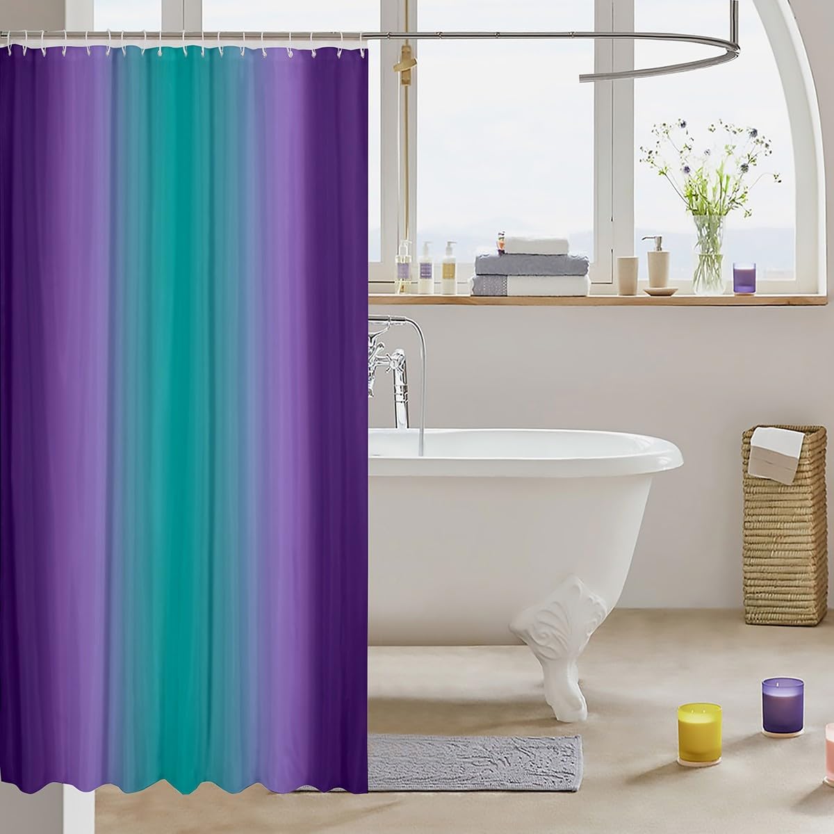 Erosebridal Purple and Teal Shower Curtain Set for Bathroom,Rainbow Ombre Bathroom Accessories Aesthetic Home Decor,Gradient Colorful Fabric Shower Curtain Abstract Bathroom Curtains 72" Wx72 L image 3