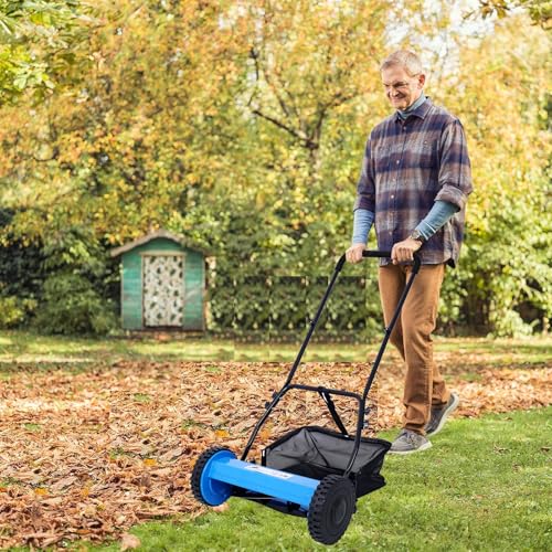 14-Inch 5-Blade Push Reel Lawn Mower with Grass Catcher, BLUE COLOR