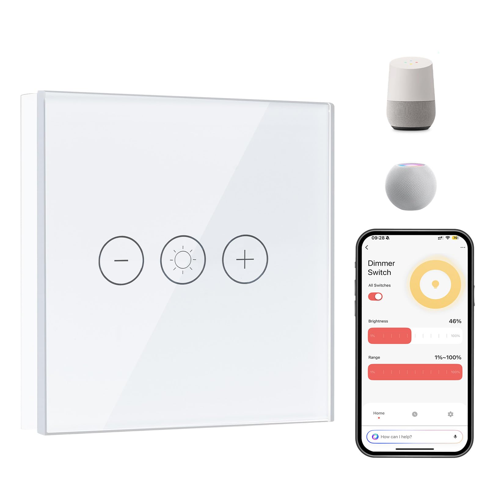 WIFI Dimmer Lichtschalter Wlan Smart Unterputz Glas Touch Screen Dimmer für LED Lampen Lichtschalter Weiß 100-240V 2.4GHz Smartphone Steuerung fuer Smartlife Alexa tuya Neutralleiter Wird Benötigt