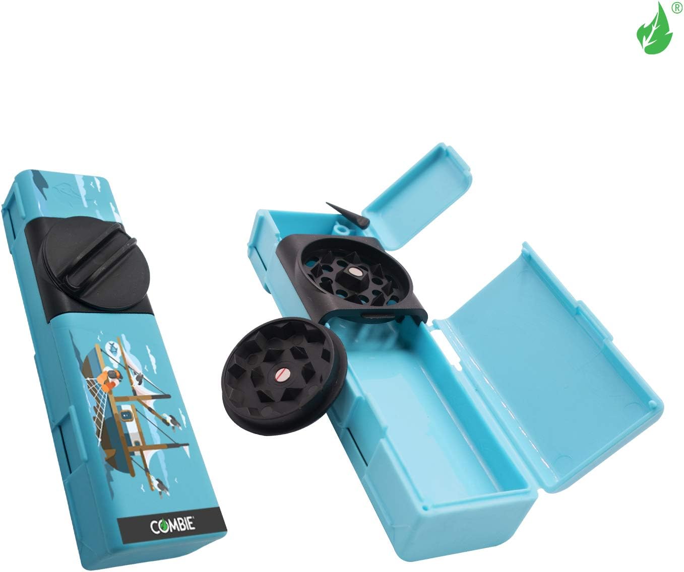 Combie Grinder - All in One Herb Grinder with Rolling Papers. Perfect for rolling on the go (Kit-Light Blue)