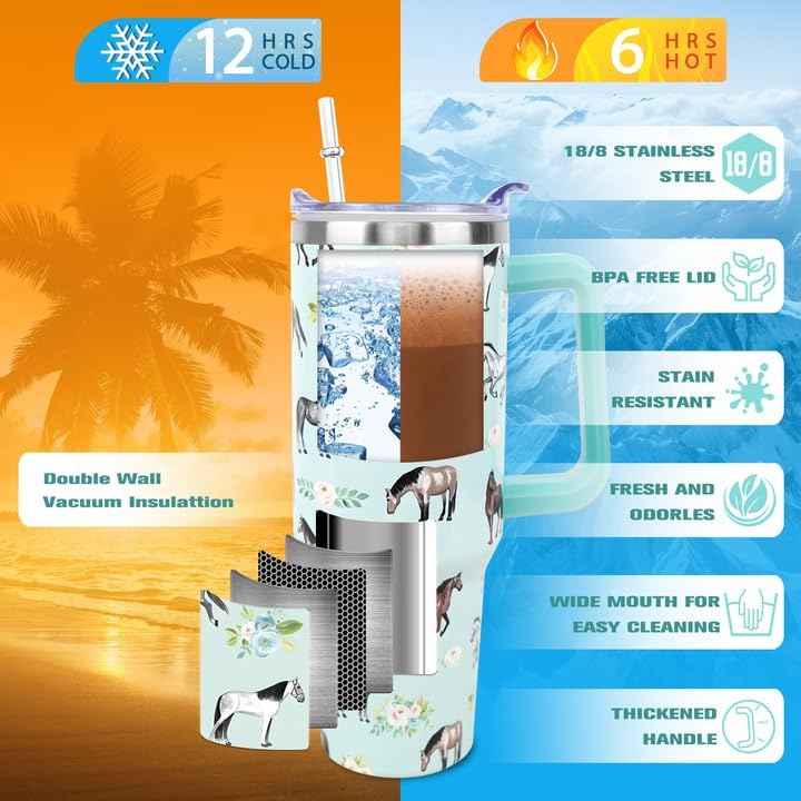 Horse Gifts for Women Tumbler with Handle and Straw, 40 oz Vacuum Insulated Water Bottle Stainless Steel Travel Coffee Mug, Animal Lover Cute Horse Stuff Floral Cup for Home Office Car Outdoors Sports - Image 3