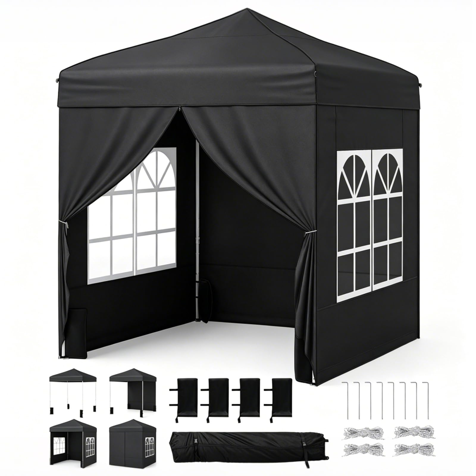 RELAX4LIFE Tonnelle Pliante 2x2 avec Parois Amovibles, Barnum Pliant pour Activités Plein Air, 2 Portes Zippées, Gazebo 2x2 Portable avec Sac à roulettes pour Terrasse Marché Festival (Noir)