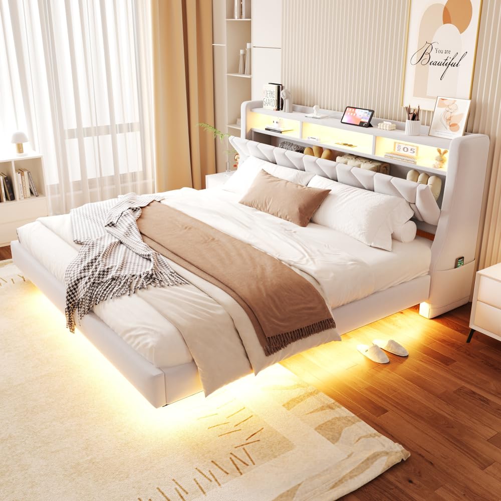 Letto matrimoniale 180 x 200 cm, con prese e illuminazione LED, testiera imbottita con contenitore, letto una piazza e mezza, gambe extra larghe, design letto sospeso, velluto, beige