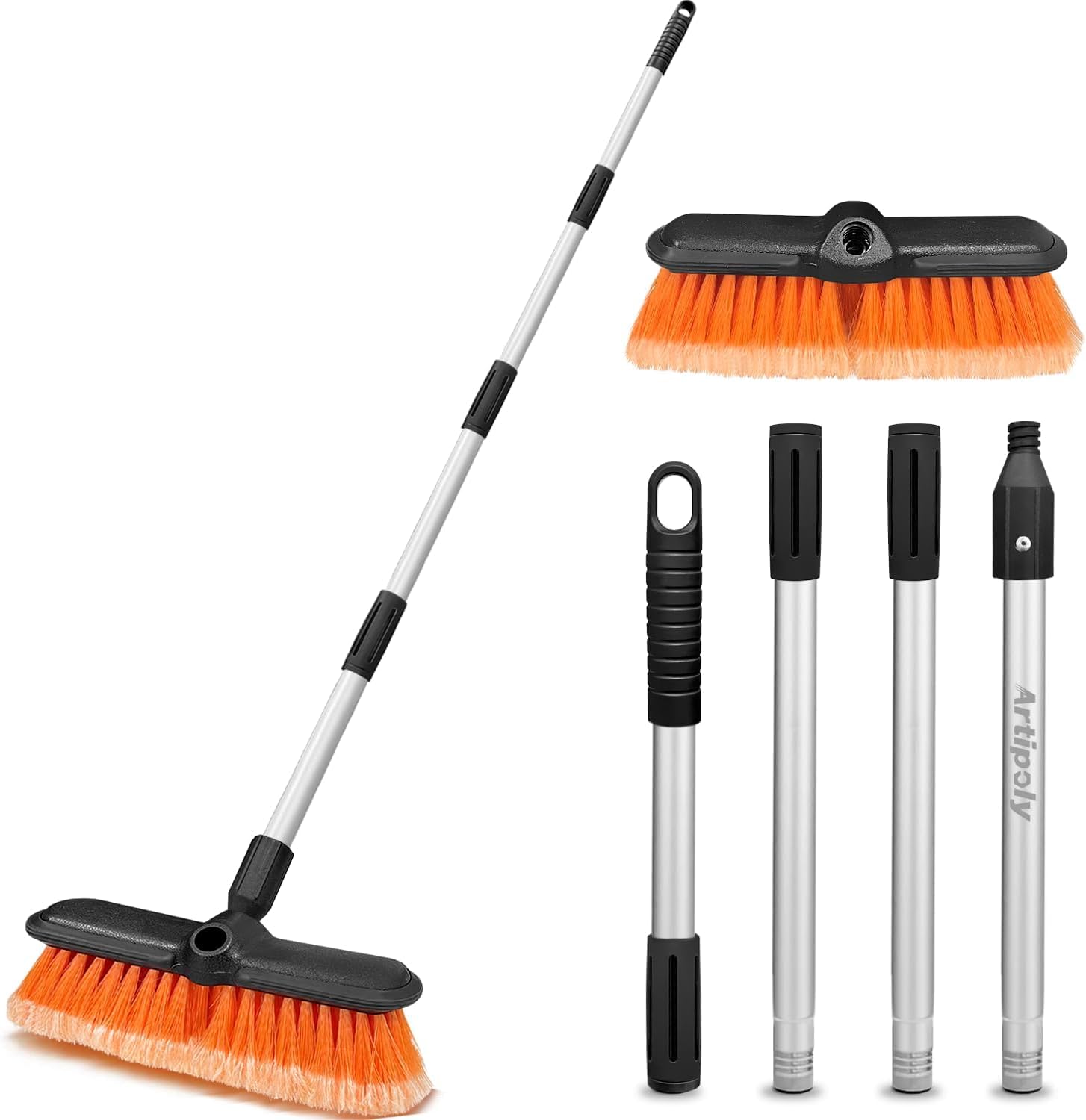 Autowaschbürste mit Stiel Langem Griff, 25cm weiche Bürste, Kratzfeste, waschbürste für Wohnmobil Boot SUV Hausfassade Schnee Solarpanel Deck Washing, Griff aus Aluminium Legierung, 151cm