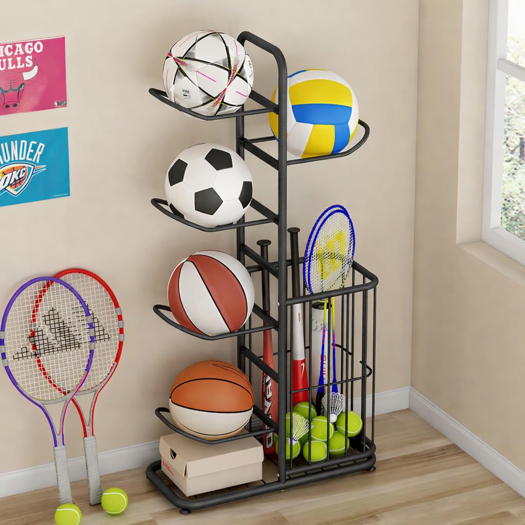 Porta Palloni Verticale Regolabile con Scaffale per 5 Palloni, in Acciaio Resistente, con Cassetto per Stoccaggio, per Basket, Calcio, Pallavolo e Altri Sport, per Garage, Altezza 116 cm