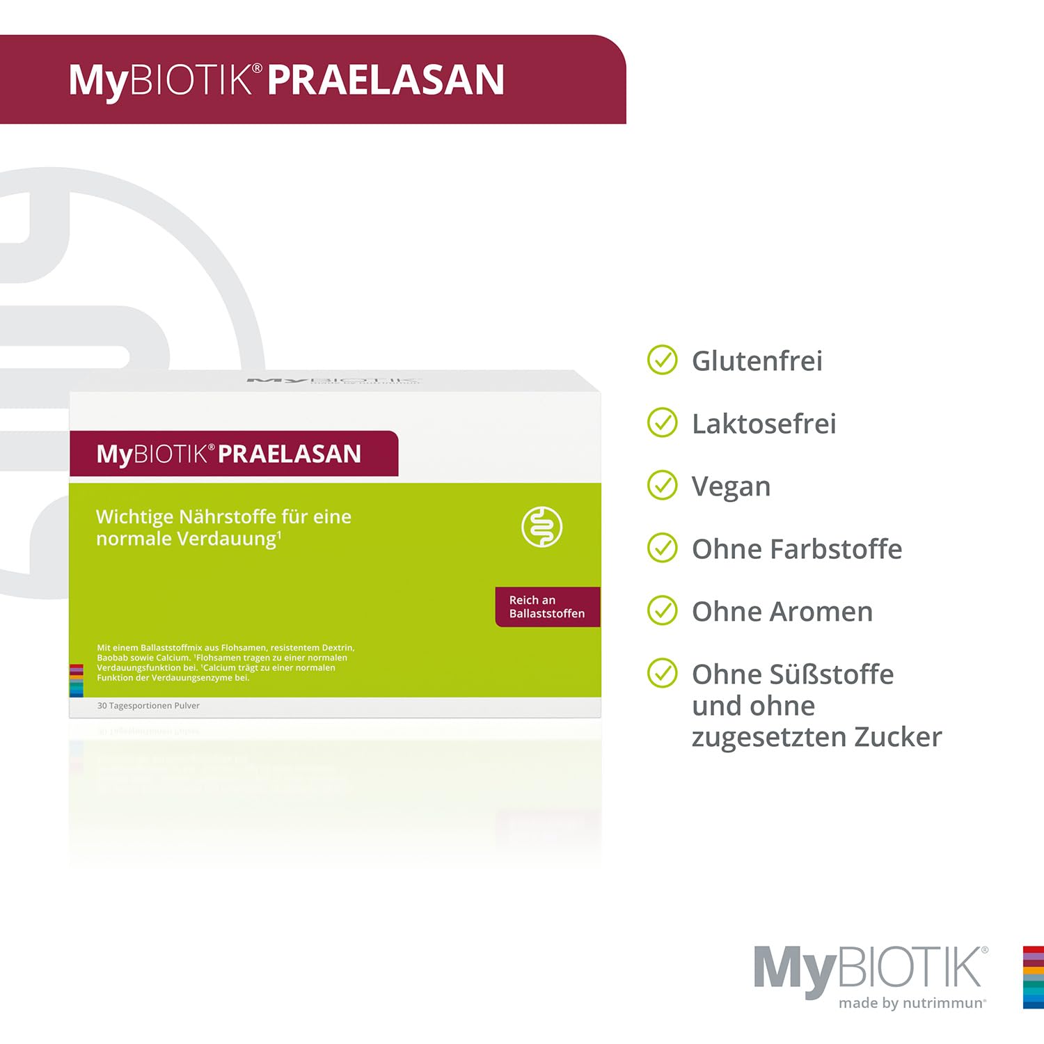 MyBIOTIK®PRAELASAN I made by nutrimmun I Für 30 Tage I Ballaststoffmix aus Flohsamenschalen, resistentem Dextrin, Baobab I Calcium I Vegan I Glutenfrei I Laktosefrei I Laborgeprüft