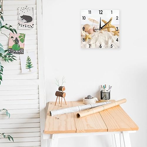Miniatura 9 de Reloj de pared, cuadrado silencioso, sin tictac, 10 pulgadas, reloj de madera de concha de mar, decoración del océano para sala de estar, baño,