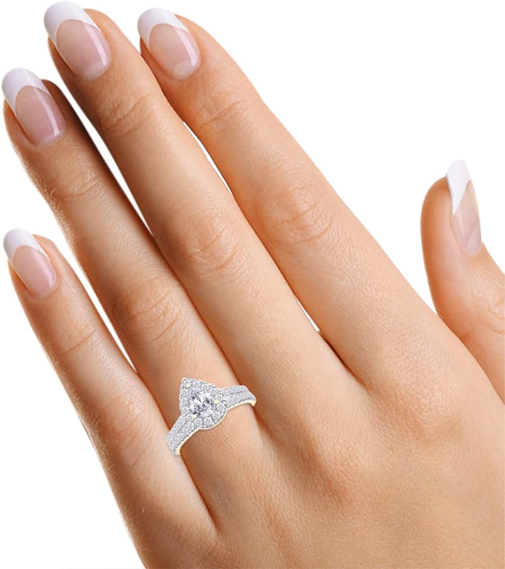 SAVEARTH DIAMONDS 1 2/5 CT 6X4MM Pear & Round Lab Grown Diamond Halo Wedding Band Bridal Ring Set for Women In 14K Solid Gold Promise Rings(G-H Color, VS-SI Clarity, 1.40Cttw)