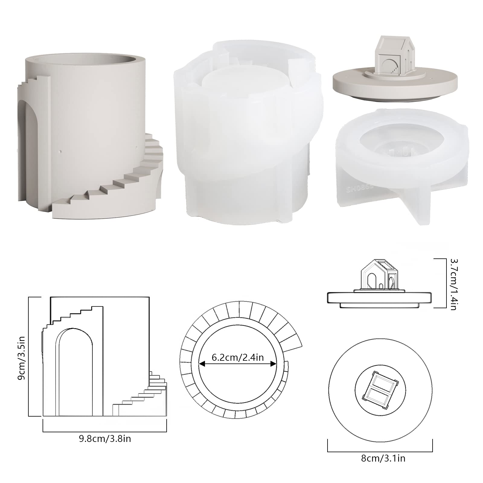 Architektur-Kerzenglas Silikonform mit Deckel, Beton, Pantheon, Kerzenbehälter, DIY, Aufbewahrungsbox, Heimdekoration (SH0865-1+SH0865-2)