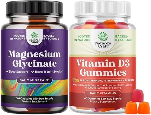 Paquete de glicinato de magnesio puro de 400 mg por porción para el sueño y la relajación, 240 unidades y gomitas de vitamina D3 para el bienestar