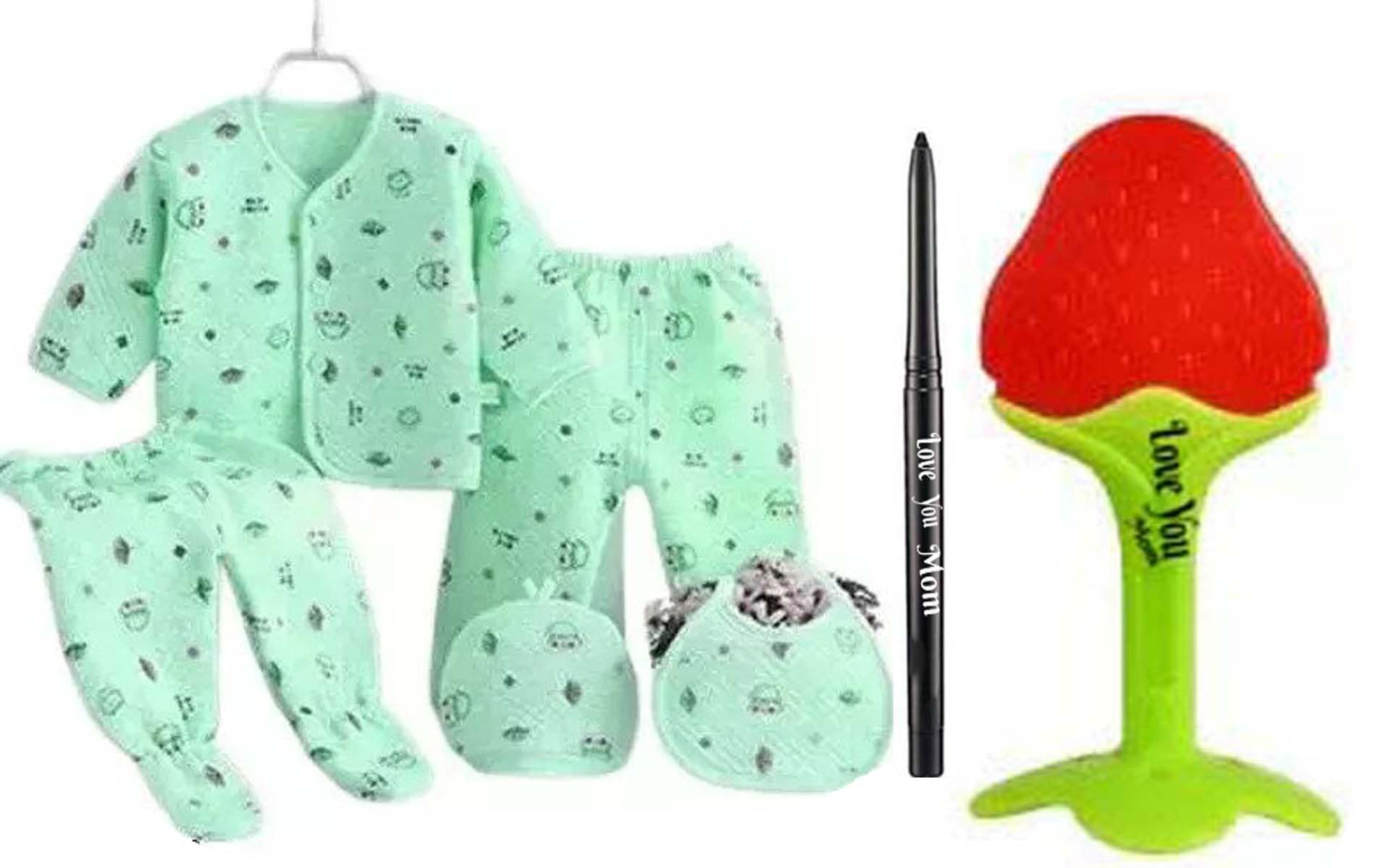 LOVE YOU MOM Infant Cotton Fruit Shape Teether-New Born Baby -Clothes Winter Wear Keep- Warm Cartoon Printing -Clothes For Baby Boys & Girls Baby-5 Pcs Sets For 0-3 Months-Kajal Set 7,Multicolor