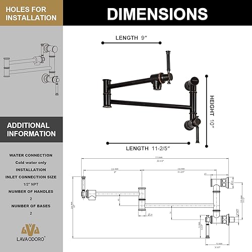 Miniatura 6 de Grifo de llenado de ollas de bronce aceitado, Lava Odoro Modern Pot Filler, dos accesorios para montaje en pared, grifo plegable de llenado de ollas