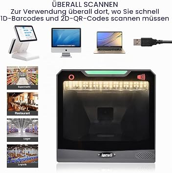 LENVII 1D 2D QR Desktop Barcode Scanner Omnidirectional Hands-Free USB QR Code Reader Barcode Reader with Large Scan Window Captures Barcodes from Mobile Phone Screen Platform QR Code Scanner for PC