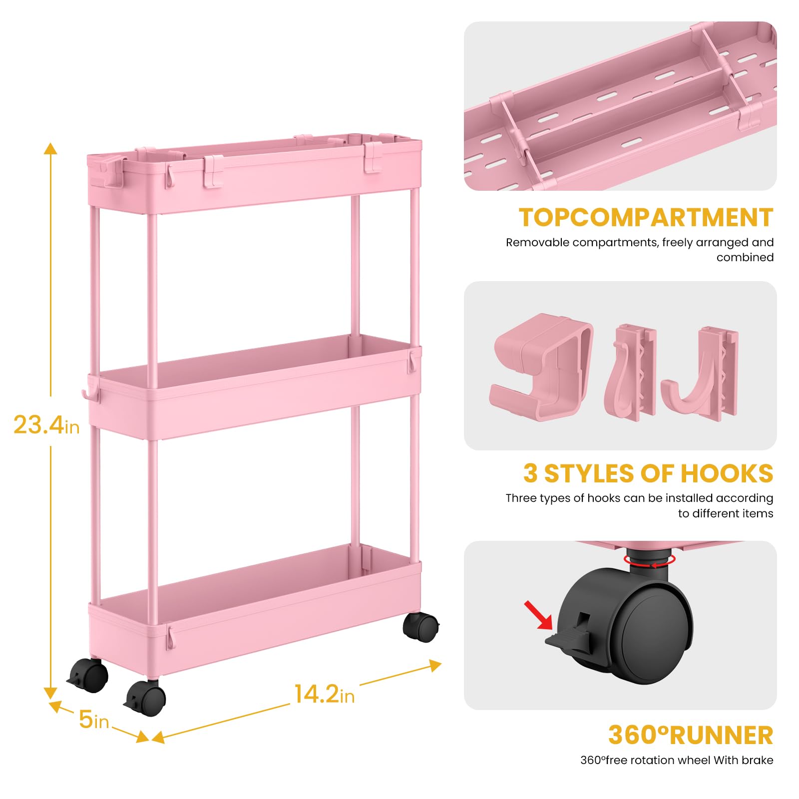 SPACEKEEPER Rollwagen mit 3 Ebenen, Küchenwagen, Nichenregal auf Rollen, Allzweckwagen mit 6 Haken und 2 Behälter, Rosa