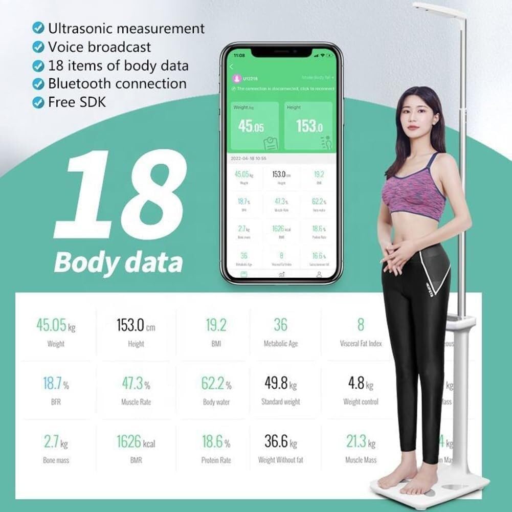 Bilancia Professionale per Medici, capacità 440 libbre, analizzatore di Altezza e Grasso corporeo a ultrasuoni con Controllo App, Display LCD elettronico e Bilancia, Adatta per Palestra