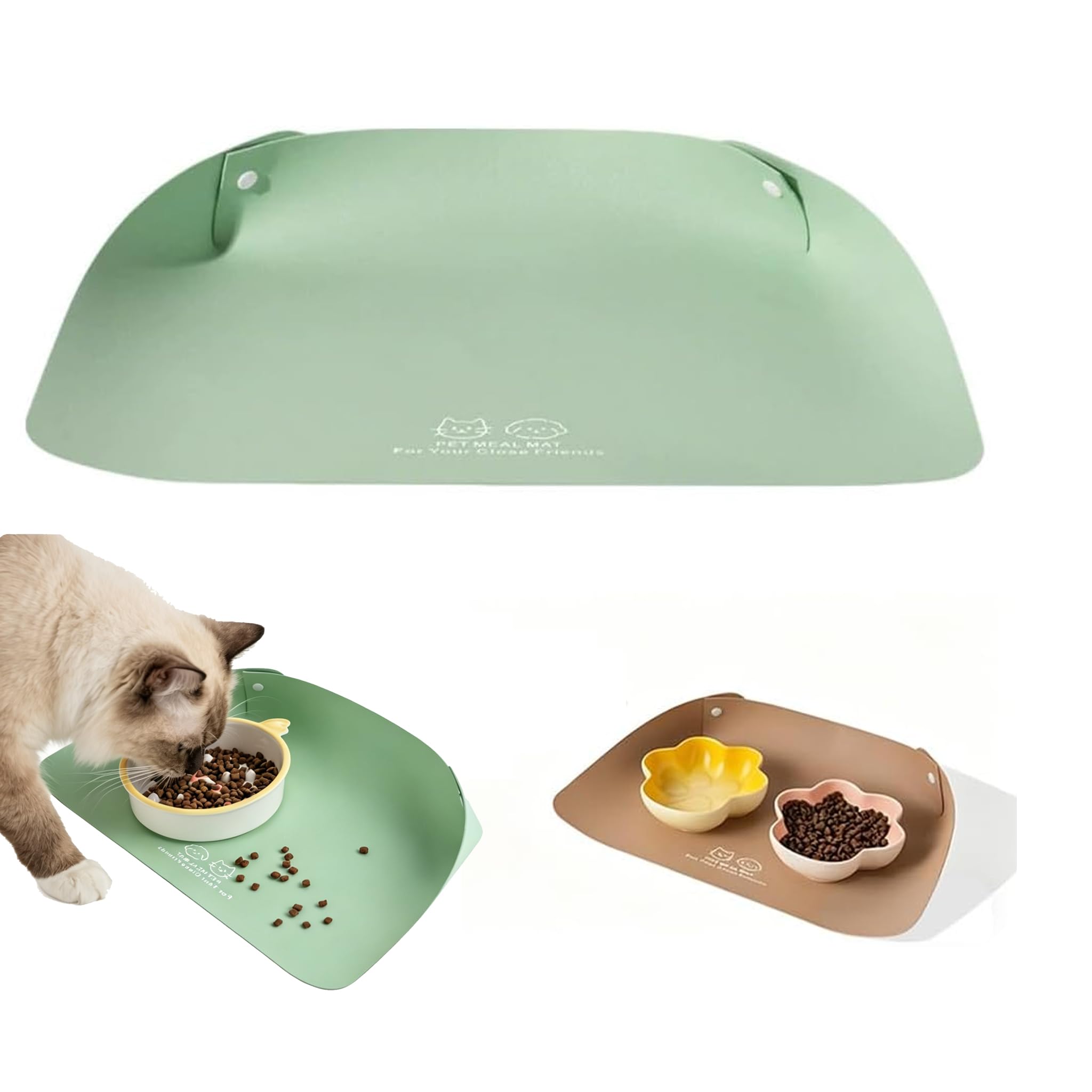 Cat Dog Food Mat, Waterproof Non Slip PU Leather Pet Feeding Mat for Cats and Small Dogs, Easy Clean Raised Edge to Contain Spills, Oil-Proof BPA Free with Grippers for Small to Medium Pets (Green)