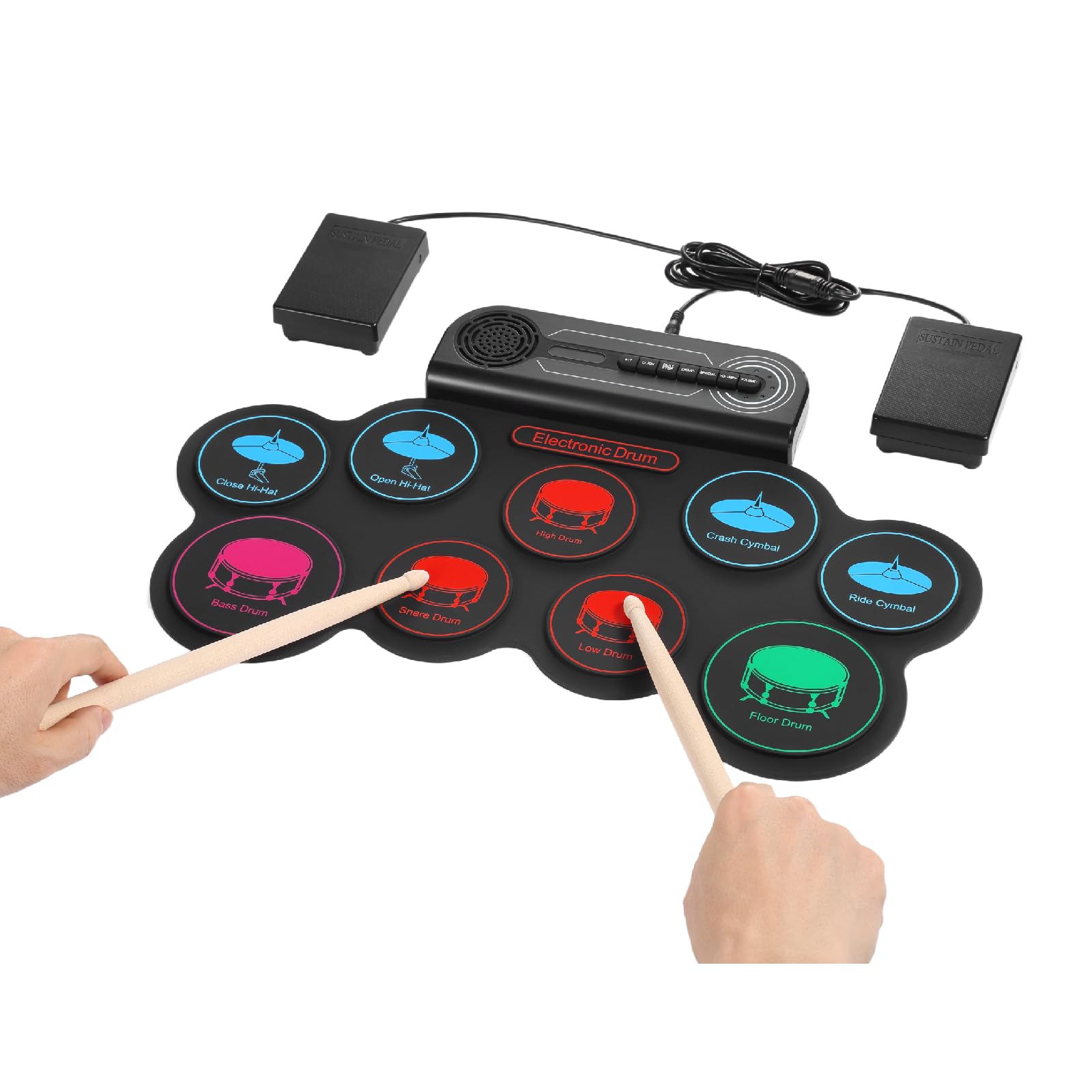 Tambour électronique, Tambour électronique pour débutants, portable rabattable, haut-parleur intégré, batterie intégrée, avec 2 pédales et protection contre les chocs (rouge, 9)