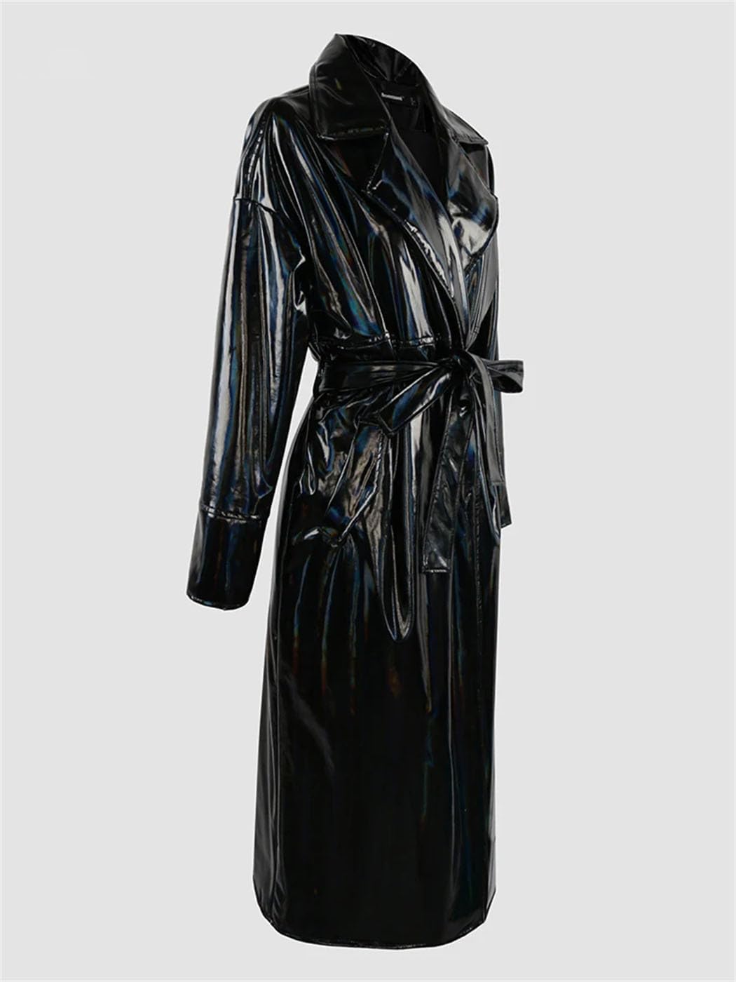 Haitpant Women's Long Black Stretchy Reflective PVC Leather Trench Coat European Fashion Windbreaker