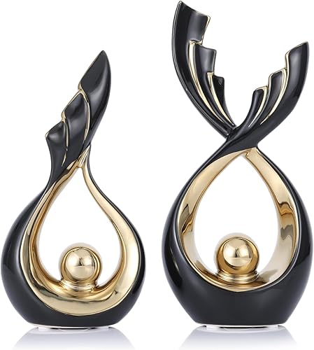 Escultura decorativa de cerámica negra y dorada, juego de 2 esculturas de cerámica abstracta de arte moderno, centro de mesa negro y dorado para