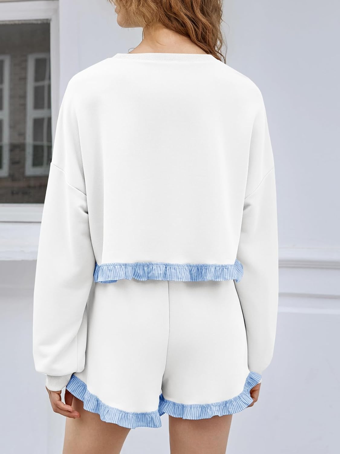 Fisoew Women's 2 Piece Lounge Sets Color Block Ruffle Cropped Sweatshirts Loose Drawstring Waist Shorts Sweatsuits - Image 3