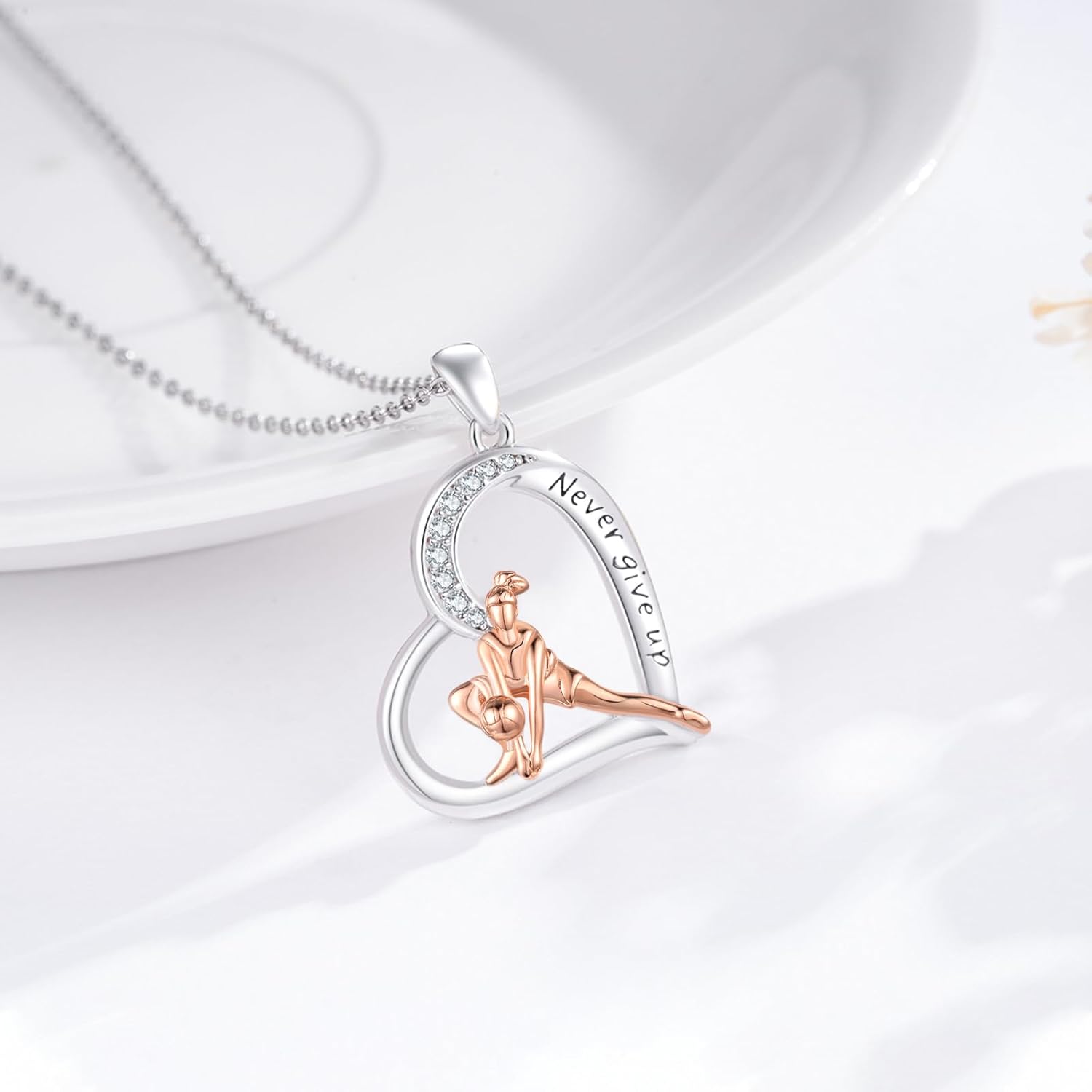 Sports Necklace 925 Sterling Silver Heart Pendant Necklace Never Give Up Jewelry Graduation Gifts for Women Sports Lovers - Image 2