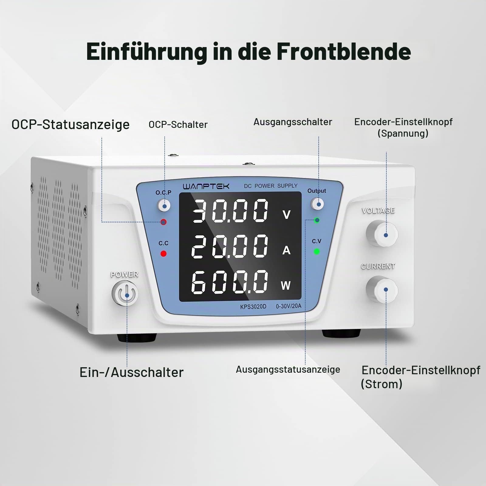 Labornetzteil 0-30V/0-20A 600W mit Output-Taste/Encoder-Knopf/OCP