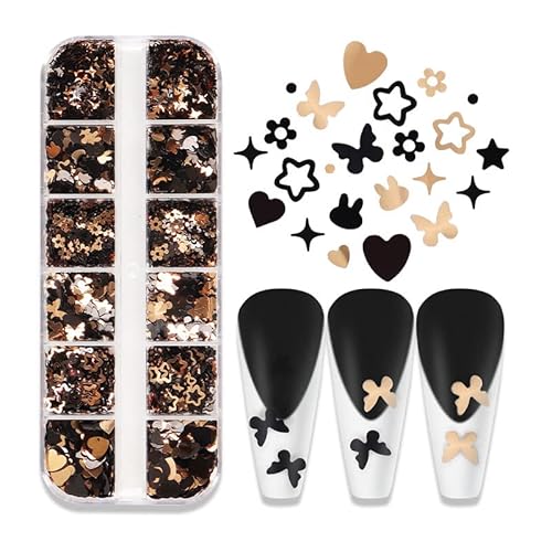 Black Gold Butterfly Nail Art Glitter Sequins 3D Flower Nail Art Flake Shiny Star Rabbit Shape Design Nail Decals Heart Nail Charms Acrylic Nail Supplies For Women Girls Manicure Tips Nail Decoration #TOP3