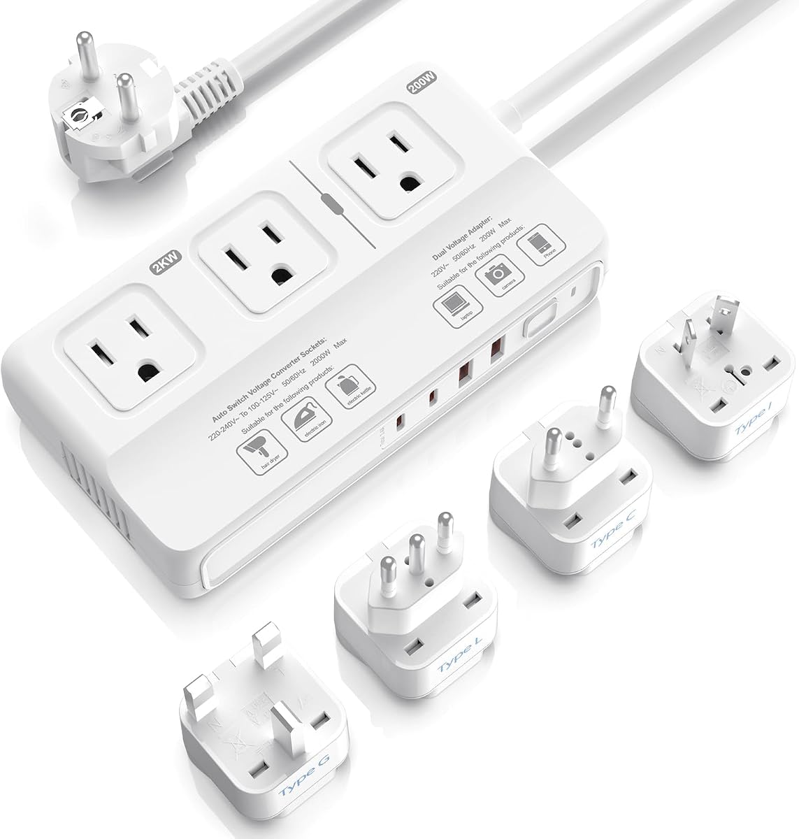 ANTPO 2000W Voltage Converter US to Europe, 220V to 110V Converter for European Travel, Power Adapter for Hair Dryer, Universal Travel Adapter with 3 AC/ 2 USBC/ 2 USBA/EU/UK/AU/IT Plugs
